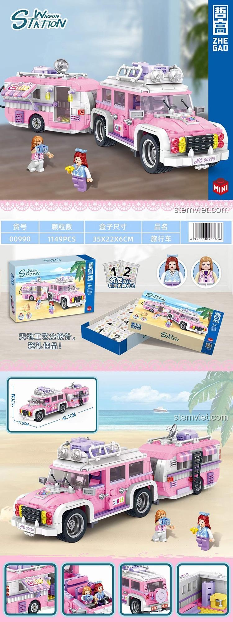 Mô hình xe cắm trại màu hồng Zhe Gao 00990 với nội thất chi tiết, đồ chơi mô hình xe dã ngoại cho bé gái 6 tuổi