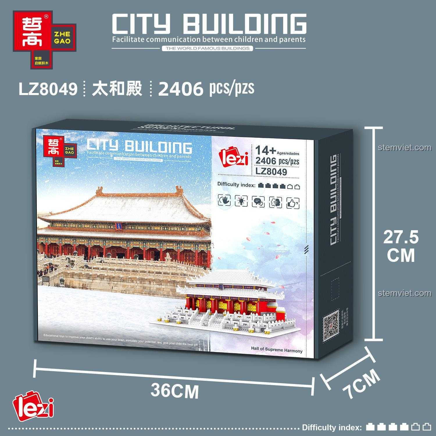 Thông tin chi tiết trên hộp đồ chơi xây dựng Mô hình Tử Cấm Thành LZ8049: 2406 chi tiết, độ tuổi 14+, kích thước hộp 36x27.5x7 cm.