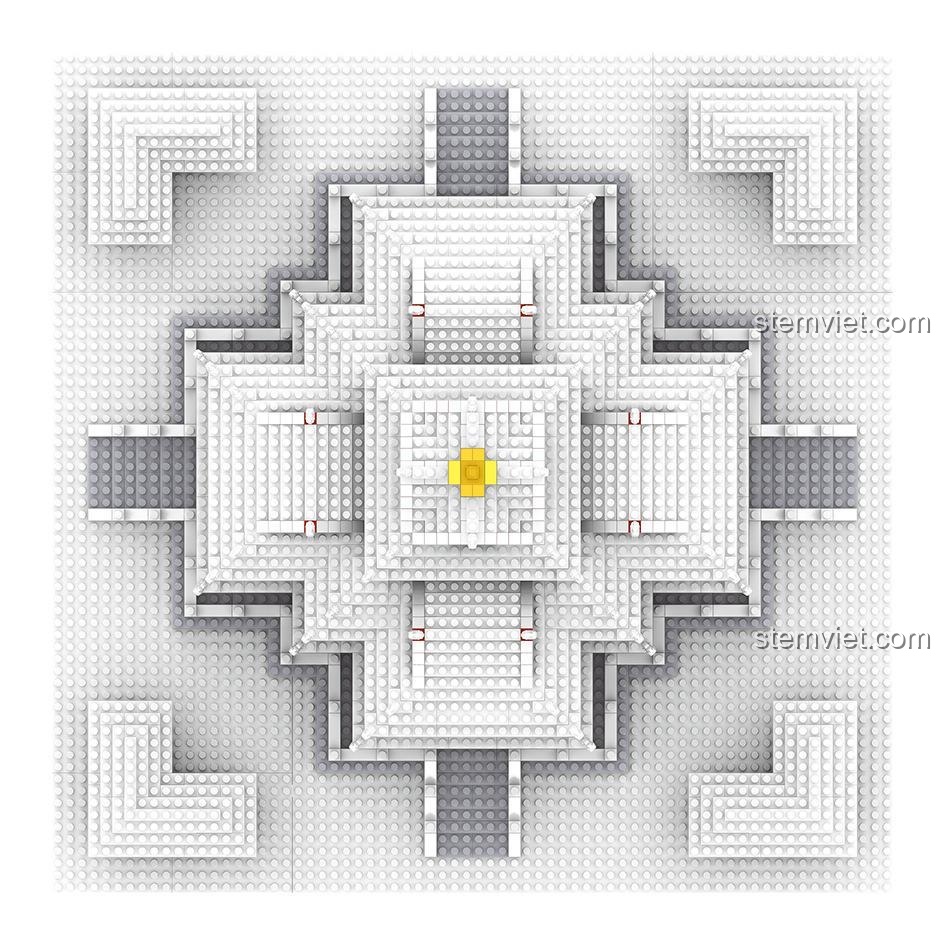 Góc nhìn chính diện của bộ lắp ghép Tháp Canh Góc Tường Thành Tử Cấm Thành LZ8051, thể hiện rõ cấu trúc đối xứng và các tầng mái phức tạp.