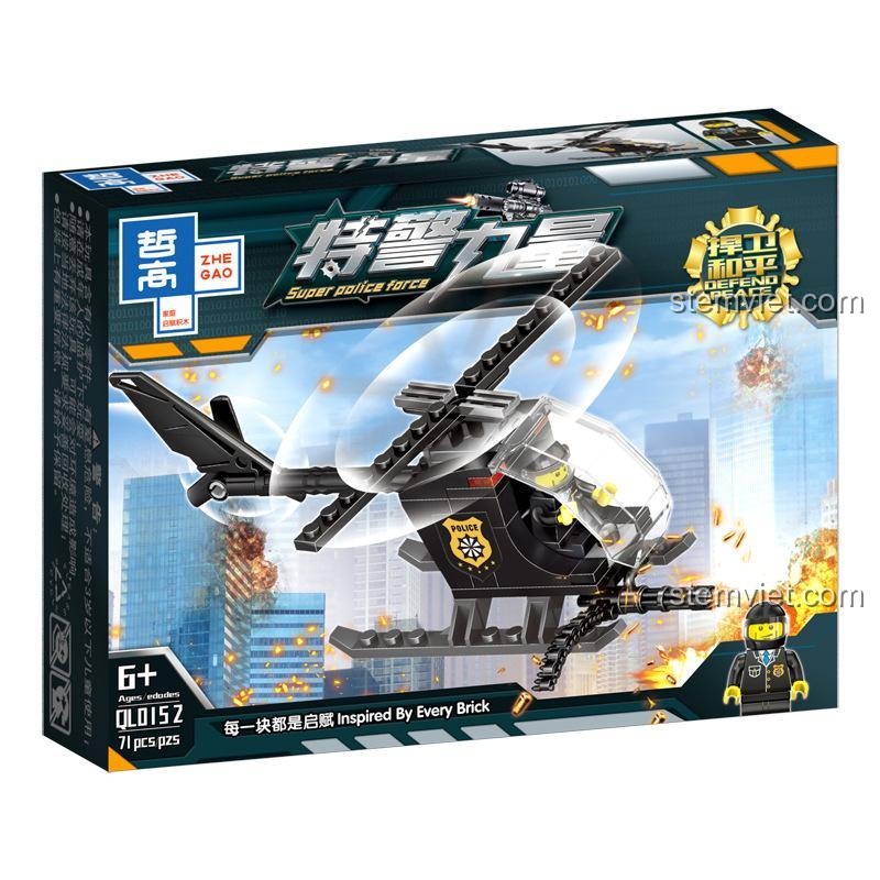Hộp set đồ chơi Lực lượng đặc nhiệm Zhe Gao QL0152, mô hình trực thăng cảnh sát 71 mảnh, đồ chơi mô hình cho bé trai 6 tuổi, giá trị cao.