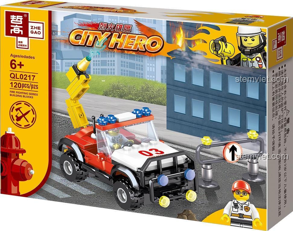 Xe cứu hỏa thứ hai với cần cẩu, thuộc bộ khối lắp ghép cửa hàng cà phê bị cháy Zhe Gao QL0217, đồ chơi giáo dục cho bé trai 6 tuổi.