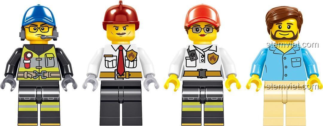 Các minifigures lính cứu hỏa và dân thường trong bộ đồ chơi Zhe Gao QL0217, giúp bé trai 6 tuổi nhập vai và sáng tạo câu chuyện cứu hỏa.