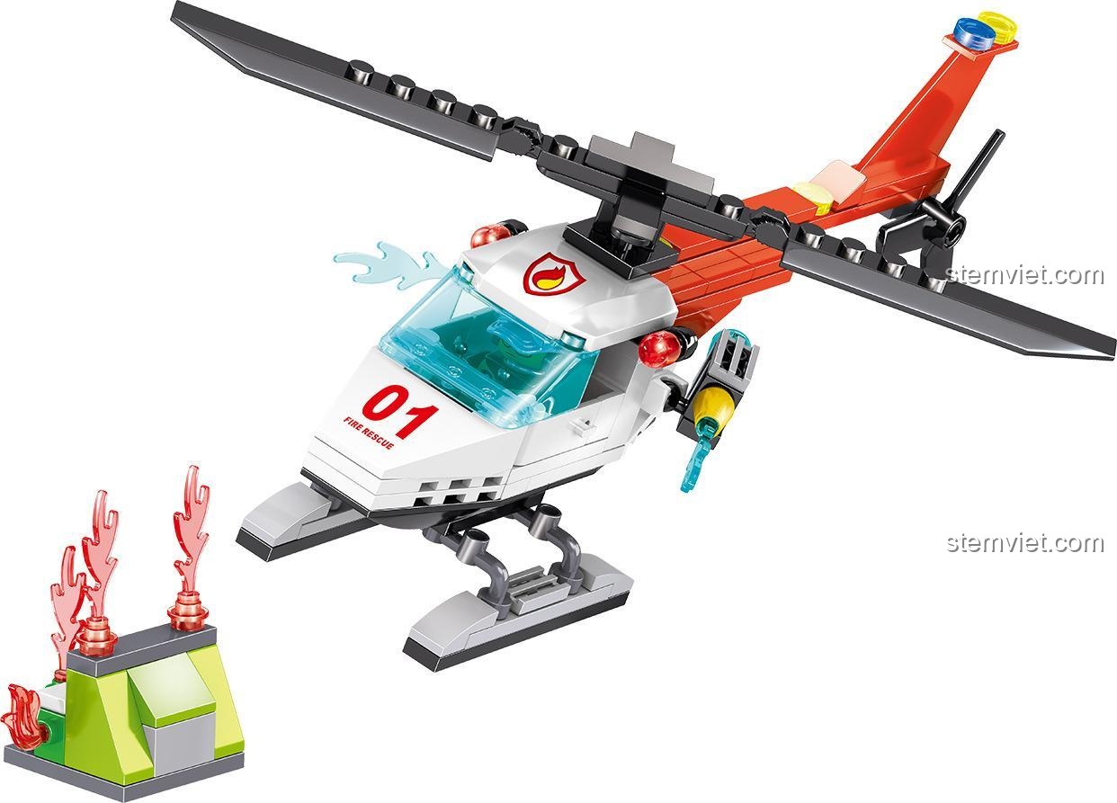 Mô hình trực thăng cứu hỏa chi tiết, một phần của bộ đồ chơi mô hình xe cứu hỏa Zhe Gao QL0217, giúp bé trai 6 tuổi phát triển tư duy.
