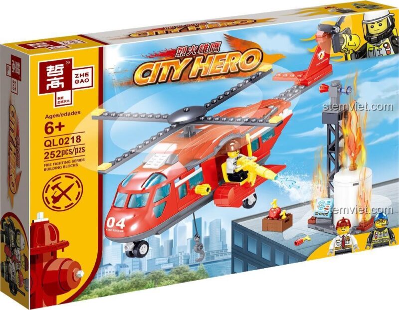 Hộp sản phẩm Zhe Gao QL0218 Trực thăng Cứu Hỏa City Hero, thể hiện hình ảnh trực thăng và các minifigure, phù hợp cho bé trai 6 tuổi.