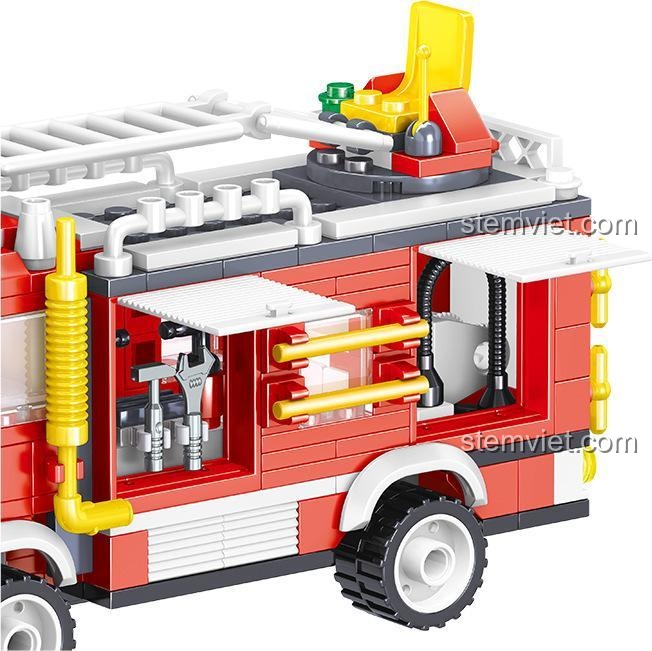 Xe cứu hỏa Zhe Gao QL0219 chi tiết các ngăn chứa dụng cụ, đồ chơi mô hình Xe cứu nạn cho bé trai 6 tuổi