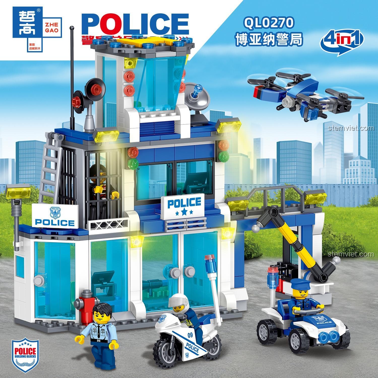 Mô hình chính bộ đồ chơi lắp ráp Zhe Gao QL0270 Trụ sở cảnh sát, với xe mô tô và drone, màu xanh trắng, dành cho bé trai 2 tuổi, chất lượng cao.