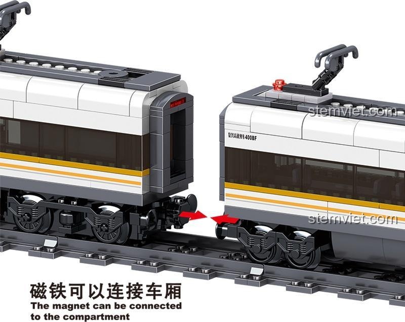 Chi tiết kết nối nam châm giữa các toa tàu của bộ đồ chơi lắp ghép Zhe Gao QL0307 Tàu Cao Tốc Phục Hưng, giúp bé dễ dàng lắp ráp