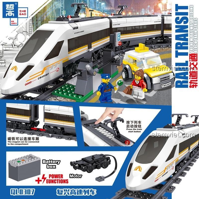 Đồ chơi lắp ghép Zhe Gao QL0307 Tàu Hỏa Cao Tốc có động cơ pin và kết nối nam châm, mang lại trải nghiệm chơi sáng tạo cho bé trai 6 tuổi