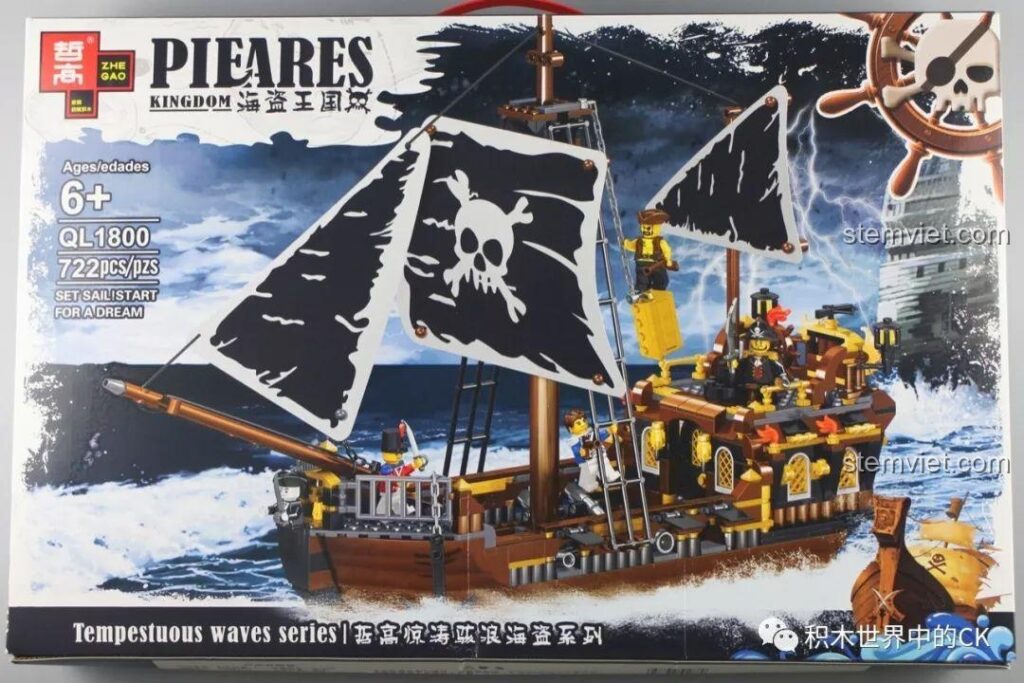 Hộp đồ chơi lắp ráp Zhe Gao QL1800 Tàu Hải Tặc Vương Quốc Hải Tặc: Thần Bão Tố với hình ảnh con tàu hoành tráng.