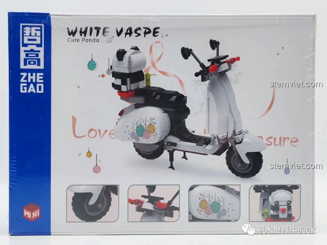 Mặt sau hộp đồ chơi lắp ráp Xe mô tô Vespa Gấu Trúc Trắng Zhegao 00326, hiển thị các chi tiết nổi bật của mô hình xe máy Vespa.