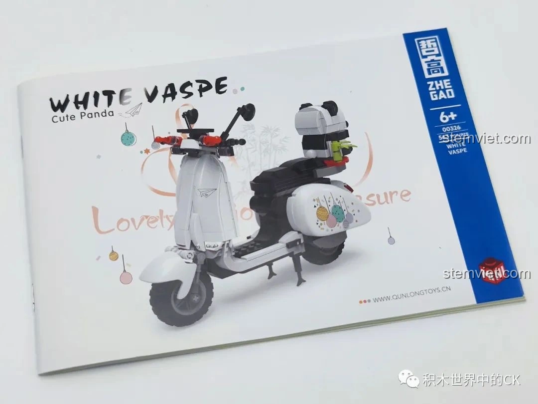 Sách hướng dẫn lắp ráp chi tiết của bộ đồ chơi xếp hình Xe tay ga Vespa Zhegao 00326, minh họa rõ ràng từng bước.