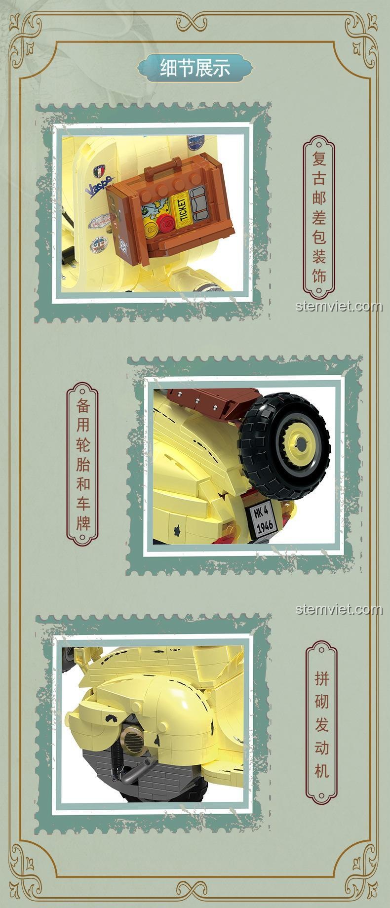 Chi tiết mô hình ZHEGAO 00335 Mô tô Vespa Cổ Điển 1946: vali hành lý cổ điển, bánh xe dự phòng và động cơ lắp ráp, thể hiện độ chi tiết cao.