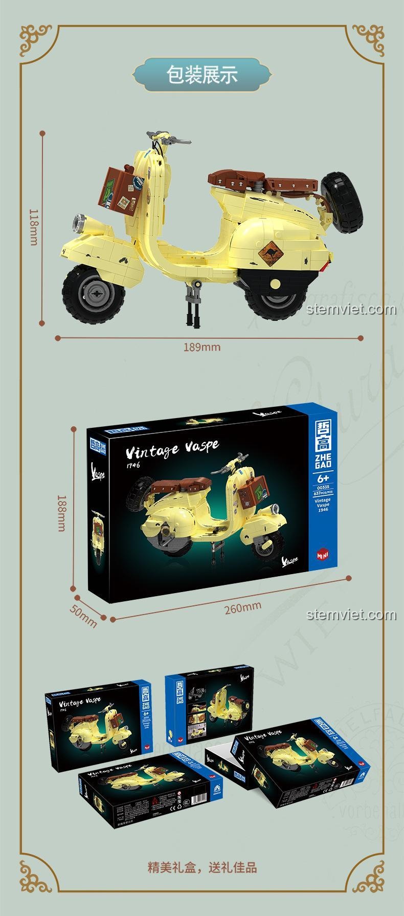 Kích thước mô hình ZHEGAO 00335 Mô tô Vespa Cổ Điển 1946 và hộp sản phẩm, thể hiện chiều dài 18.9cm, chiều cao 11.8cm, hộp 26x18.8x5cm.