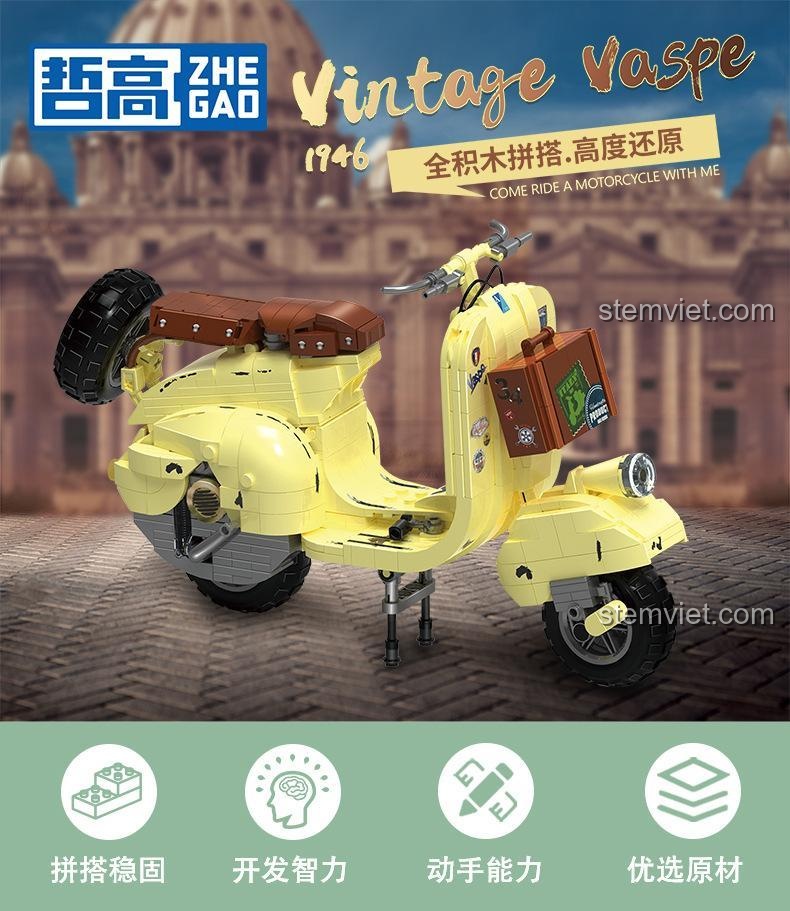 Mô hình ZHEGAO 00335 Mô tô Vespa Cổ Điển 1946 với các tính năng chính: lắp ghép ổn định, phát triển trí tuệ, rèn luyện khả năng thực hành, vật liệu cao cấp.