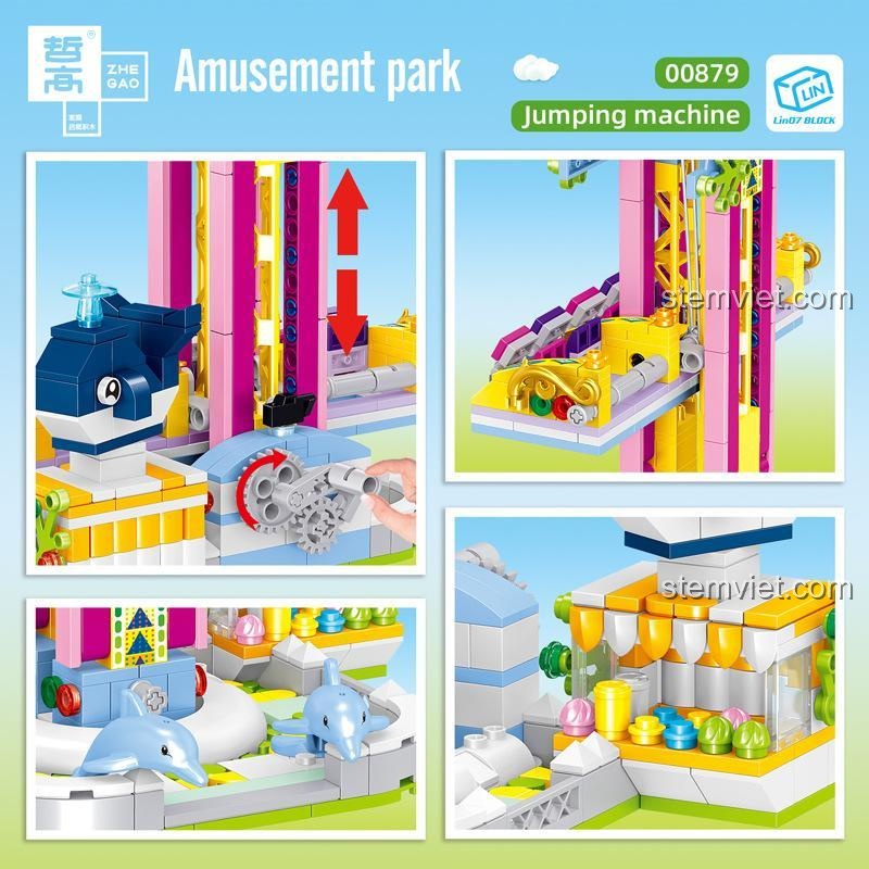Chi tiết cơ chế hoạt động của đồ chơi mô hình Máy nhảy tự do ZHEGAO 00879, thể hiện tính năng nhảy tự do.