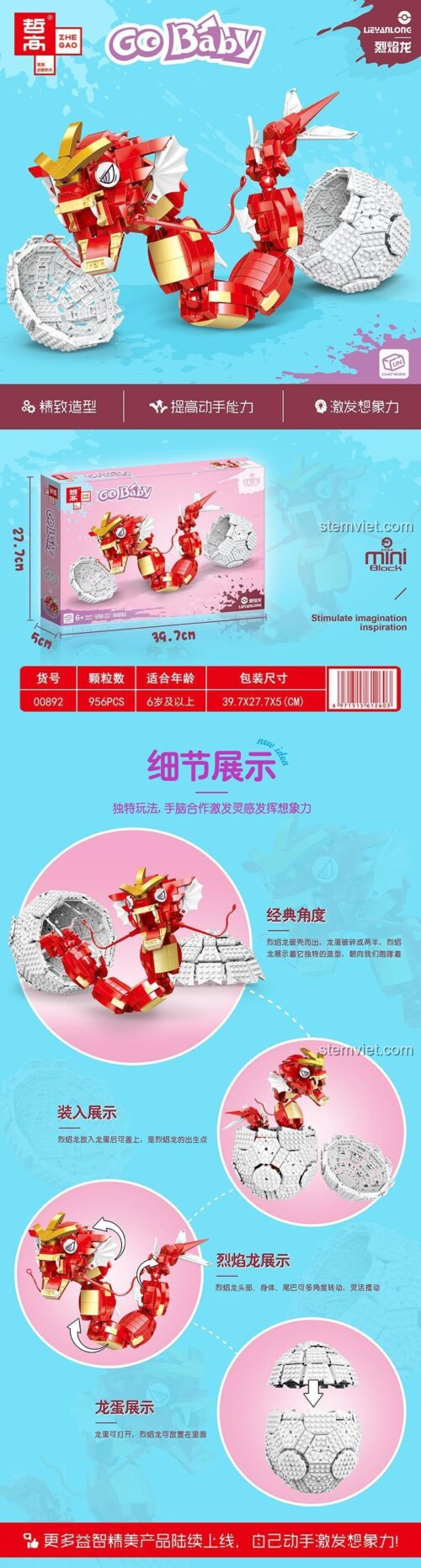 Mô hình Rồng Lửa Charizard Zhegao 00892 chi tiết, đồ chơi mô hình Rồng Lửa Pokemon 956 mảnh ghép chất lượng cao, giúp bé trai 6 tuổi phát triển tư duy.
