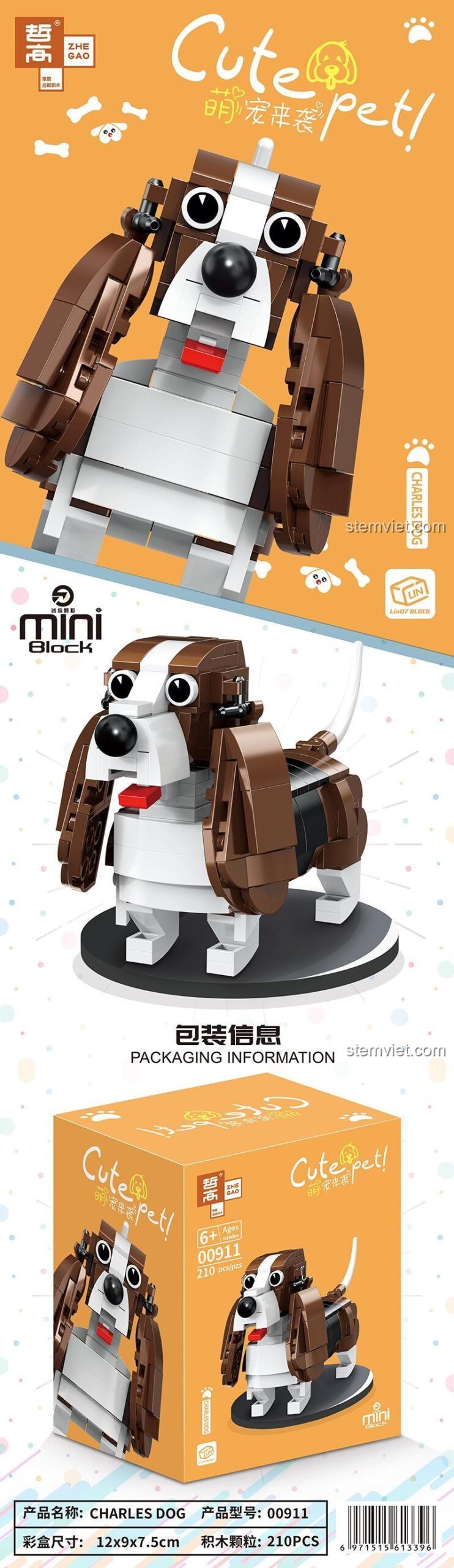 ZHEGAO 00911 Đồ chơi mô hình Chó Charles 210 Mảnh - Chi tiết Chó Charles