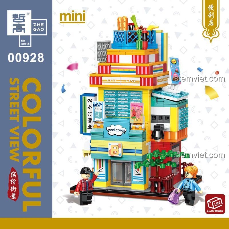 Hộp bộ xếp hình Zhegao 00928 Phố Thị Sôi Động, thể hiện rõ mô hình cửa hàng tiện lợi mini, chất lượng cao, an toàn cho bé trai và bé gái từ 6 tuổi, mang lại giá trị giải trí và giáo dục.