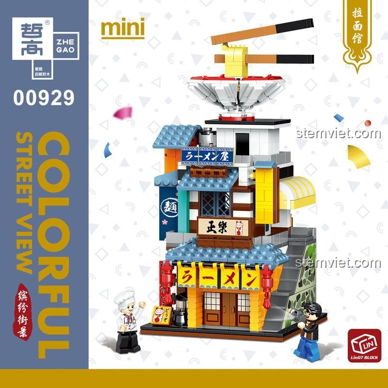 Hộp bộ lắp ghép ZHEGAO 00929 Quán Mì Ramen, thể hiện rõ mã sản phẩm và thương hiệu ZHEGAO, chất lượng cao, lựa chọn tiết kiệm cho bé 6 tuổi.