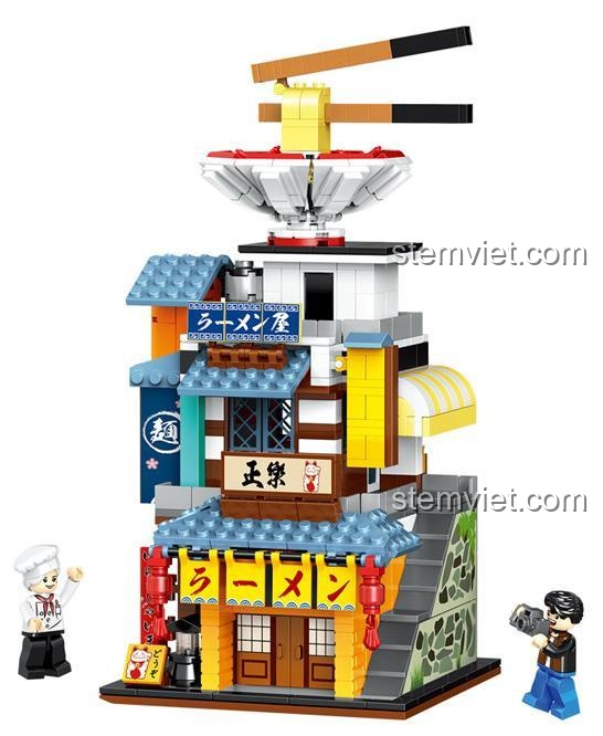 Đồ chơi lắp ráp ZHEGAO 00929 Quán Mì Ramen chi tiết, một phần của bộ Phố Thị Đầy Màu Sắc, với các minifigure đầu bếp và khách hàng, kích thích trí tưởng tượng cho trẻ 6 tuổi.