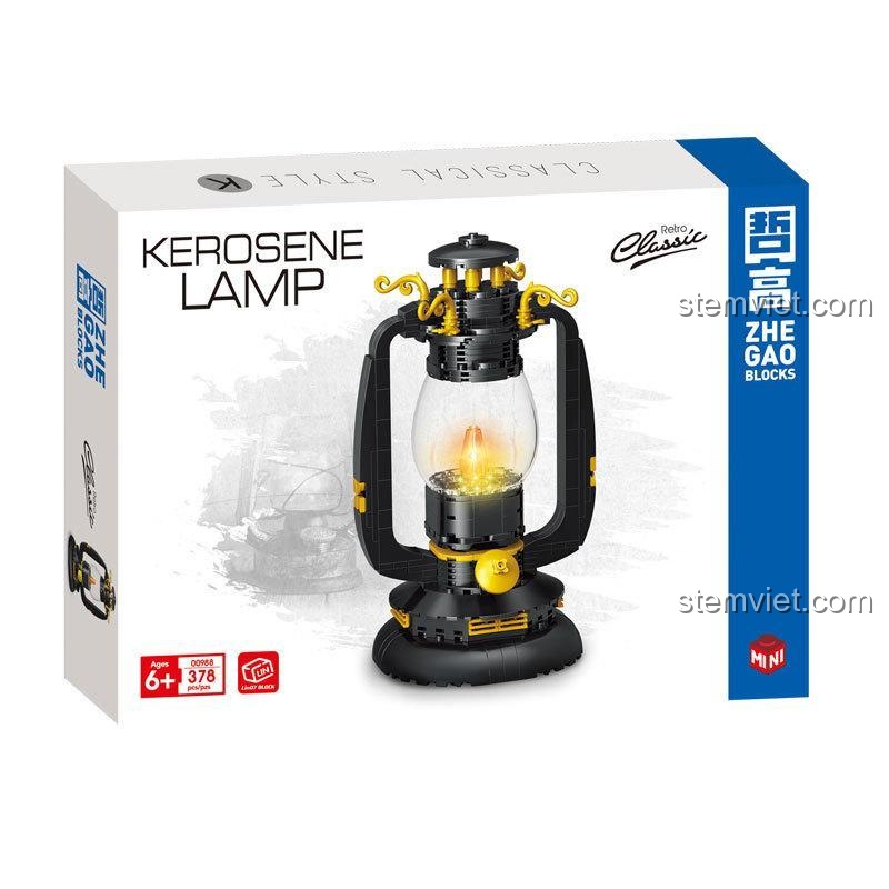 Hộp sản phẩm bộ lắp ghép Đèn Dầu Cổ Điển ZHEGAO 00988, chất lượng cao, phù hợp cho bé trai và bé gái 6 tuổi.