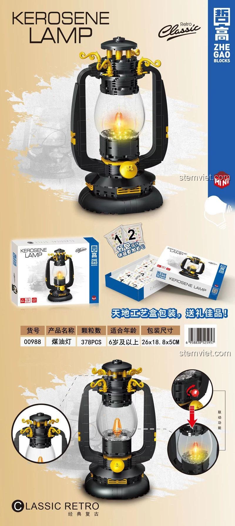 Tổng quan bộ đồ chơi ZHEGAO 00988 Đèn Dầu Cổ Điển, bao gồm hộp, hướng dẫn và mô hình đèn LED, phù hợp cho bé 6 tuổi.