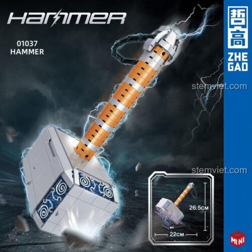 Ảnh kích thước chi tiết của bộ xếp hình ZHEGAO 01037 Búa của Thor, cao 26.5cm và rộng 22cm.