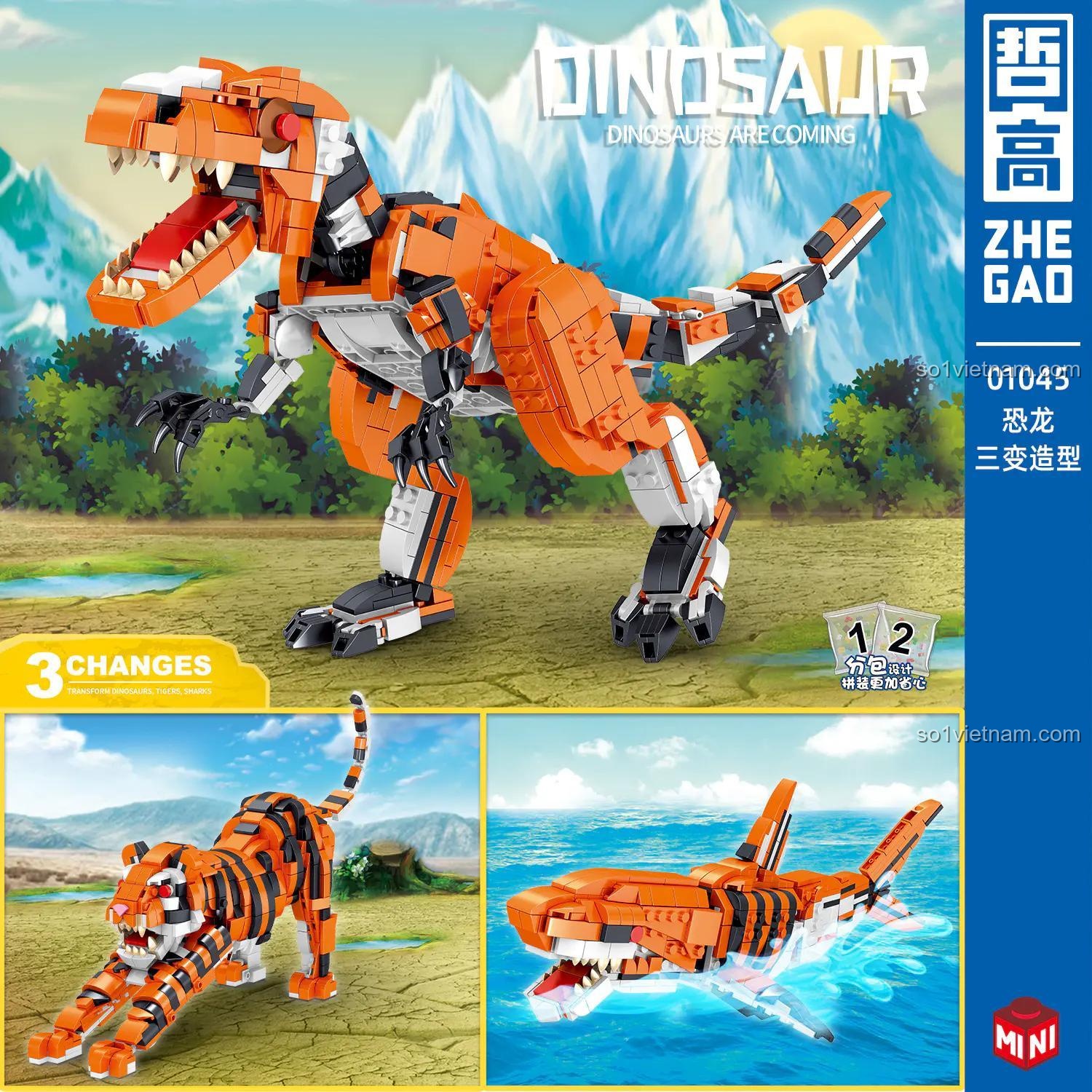 Bộ lắp ghép ZHEGAO 01045 Khủng long biến hình 3 trong 1, lắp được Khủng long, Hổ và Cá mập, đồ chơi mô hình cho bé trai 6 tuổi, đáng tiền.