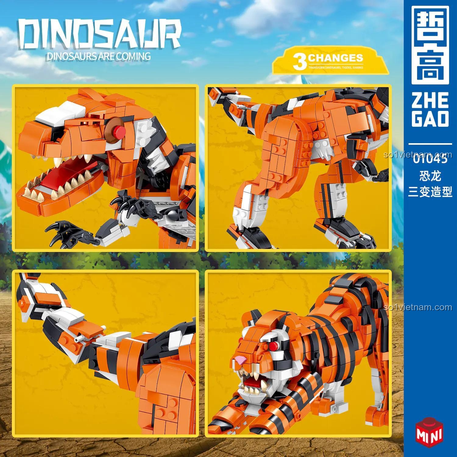 Chi tiết mô hình Khủng long T-Rex và Hổ từ bộ lắp ghép ZHEGAO 01045, đồ chơi lắp ráp cho bé trai 6 tuổi, chất lượng tốt.
