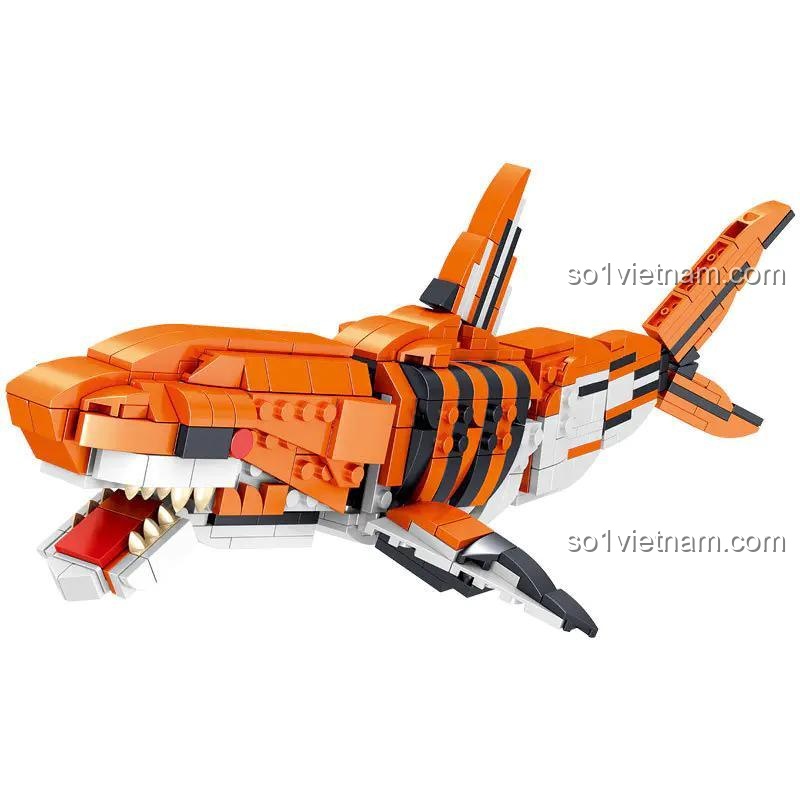 Mô hình Cá mập từ bộ lắp ghép ZHEGAO 01045 Khủng long biến hình 3 trong 1, đồ chơi lắp ráp cho bé trai 6 tuổi, siêu tiết kiệm.