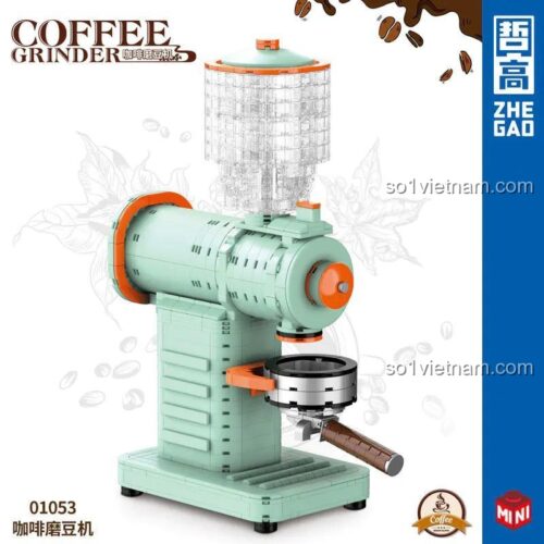 Mô hình máy xay cà phê ZHEGAO 01053 với logo ZHEGAO và cà phê