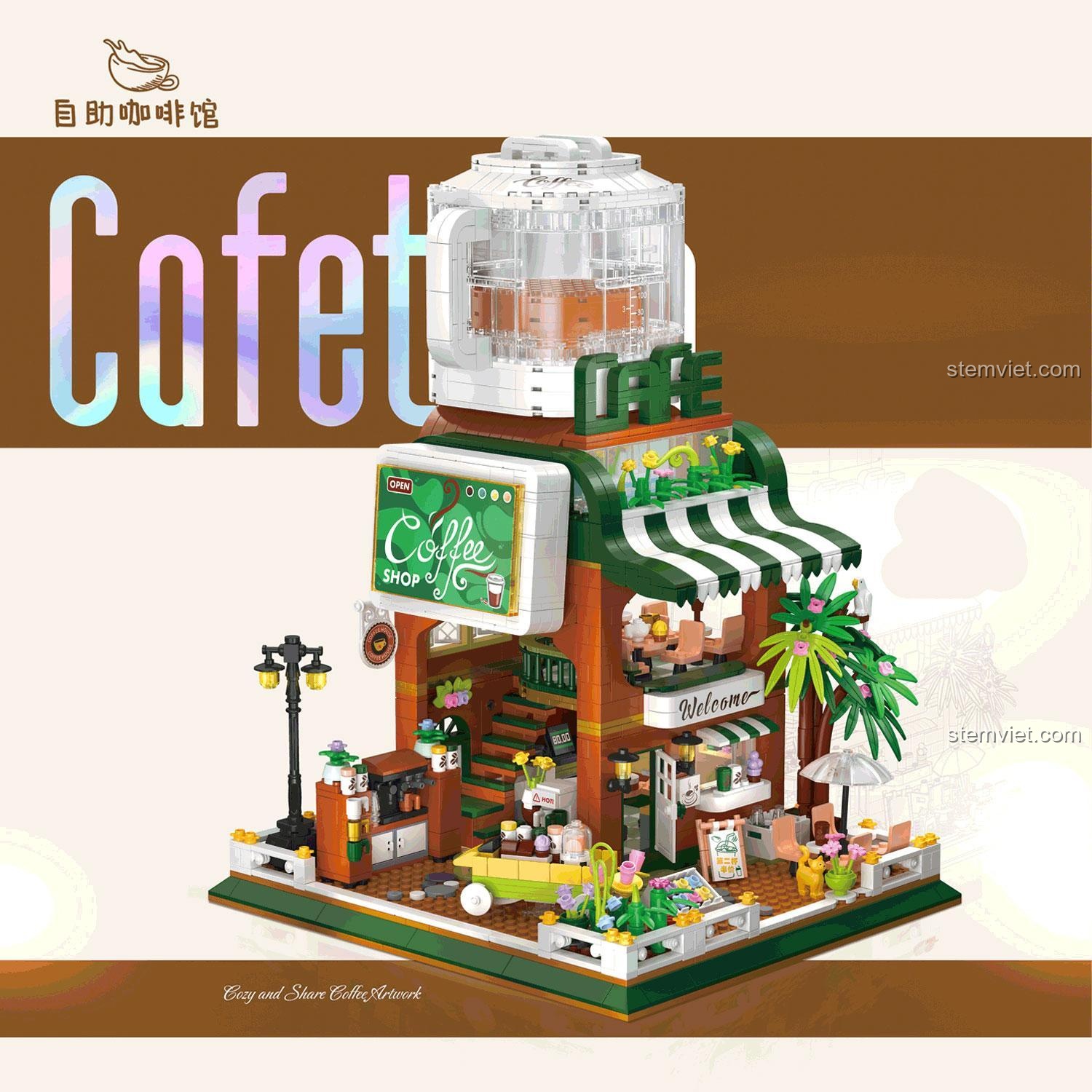 Đồ chơi xây dựng ZHEGAO 612001, mô hình Quán cafe phong cách hiện đại để trang trí.