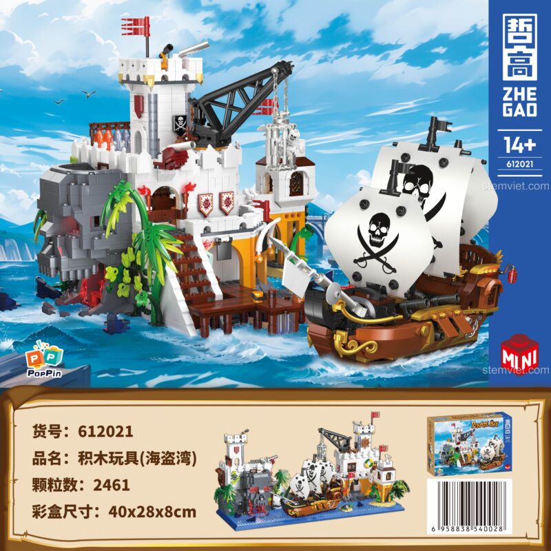 Poster quảng cáo bộ xếp hình ZHEGAO 612021, mô tả chi tiết Vịnh Hải Tặc với 2461 mảnh ghép.