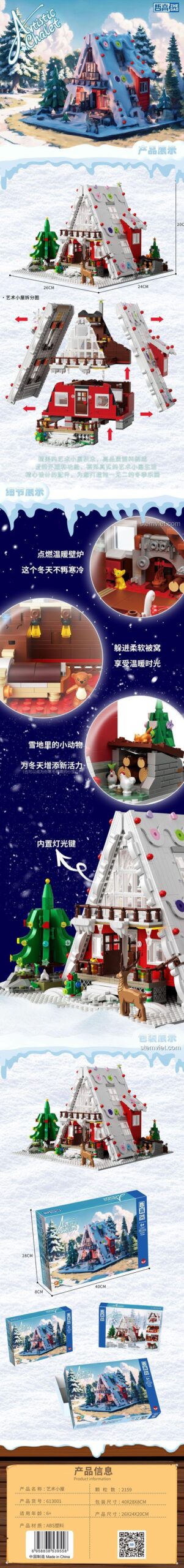 Chi tiết đồ chơi lắp ghép ZHEGAO 613001 Biệt thự Nghệ Thuật, thể hiện kích thước và tính năng đèn LED.