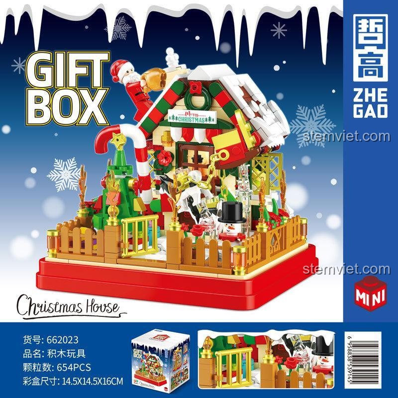 Chi tiết hộp đồ chơi ZHEGAO 662023 Ngôi nhà Giáng Sinh Hộp Quà, 654 mảnh ghép mini block