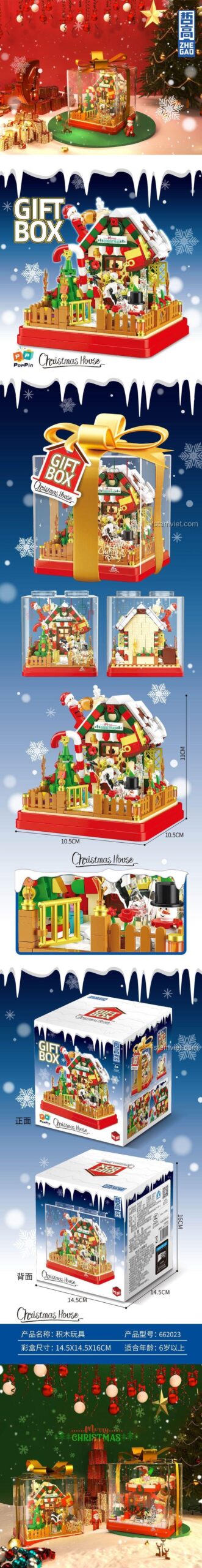 Kích thước mô hình ZHEGAO 662023 Ngôi nhà Giáng Sinh Hộp Quà, đồ chơi lắp ráp mini block
