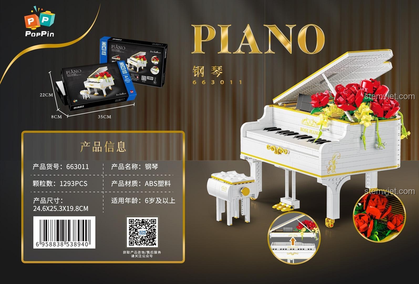 Thông tin kích thước bộ lắp ráp Piano Zhe Gao 663011, đồ chơi mô hình Piano 1293 mảnh, phù hợp bé trai và bé gái 6 tuổi, chất lượng cao.