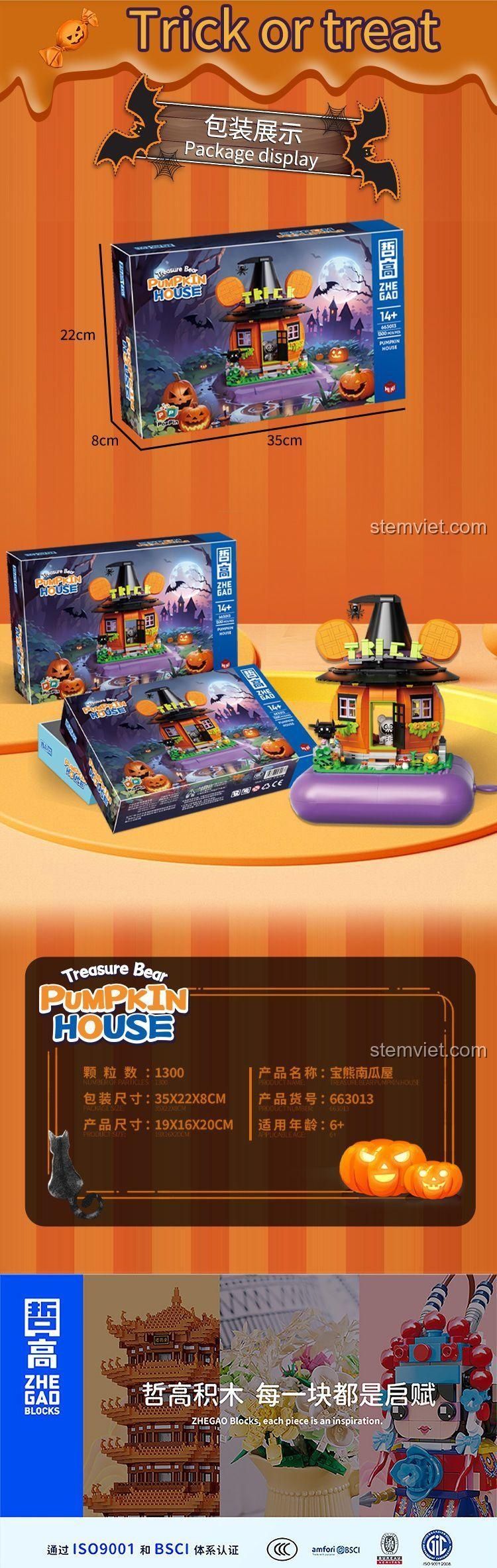 Thông số kỹ thuật bộ đồ chơi Zhegao 663013 Treasure Bear Pumpkin House, gồm 1300 chi tiết.