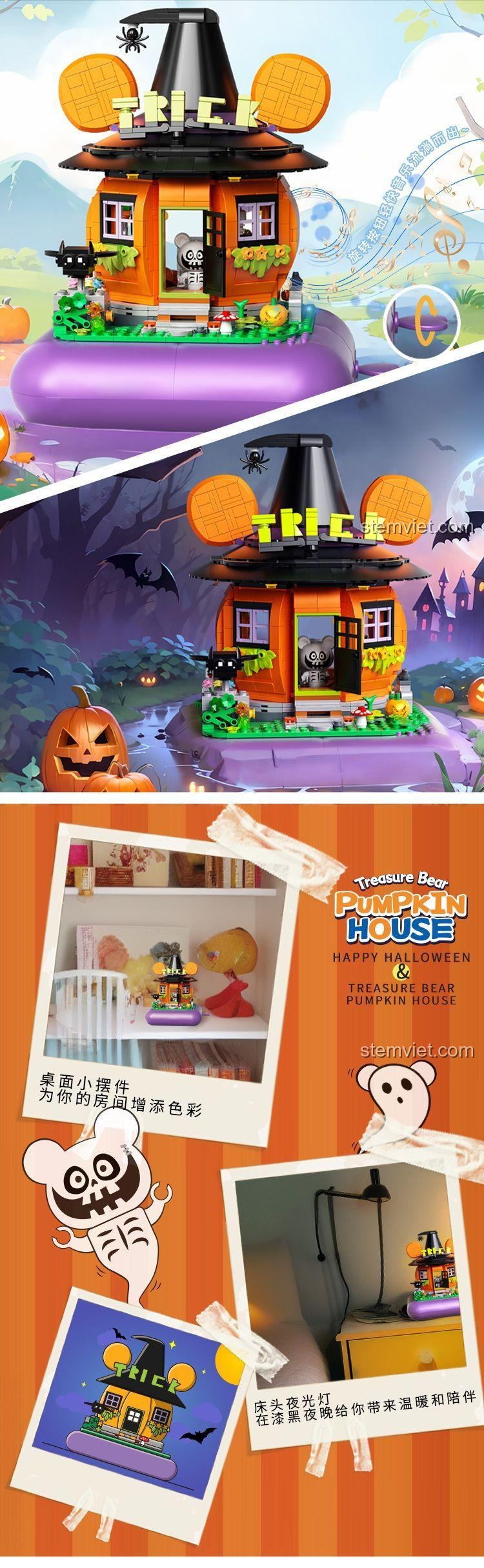 Tính năng đèn LED của bộ lắp ghép Nhà Bí Ngô Halloween Zhegao, tạo không khí ấm áp, ma mị.