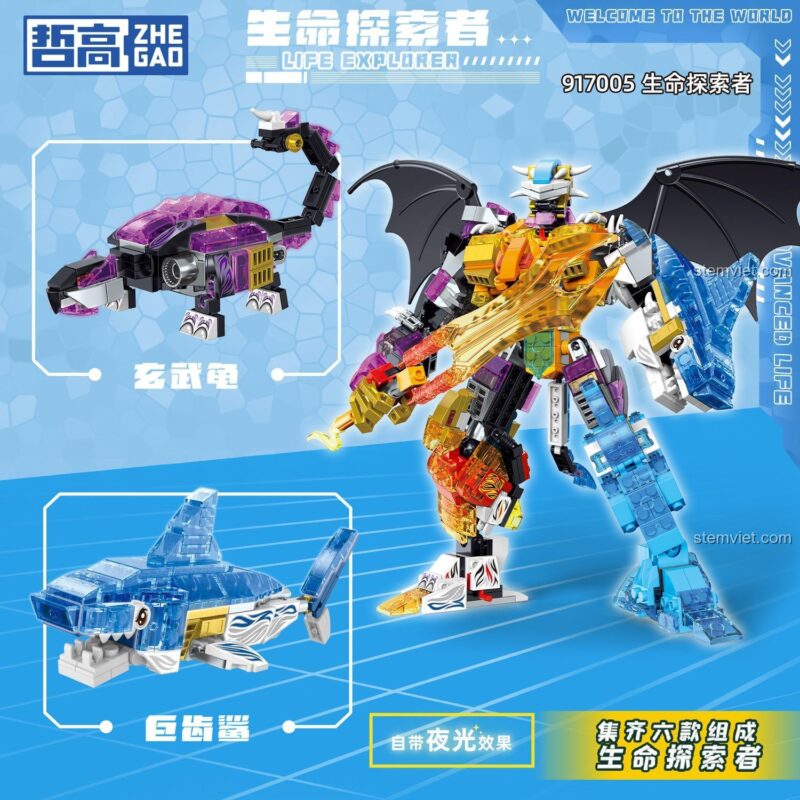 Mô hình Rùa Huyền Vũ và Cá Mập Megalodon từ bộ Robot Hợp Thể 6 trong 1 Zhegao, có thể kết hợp thành robot lớn.