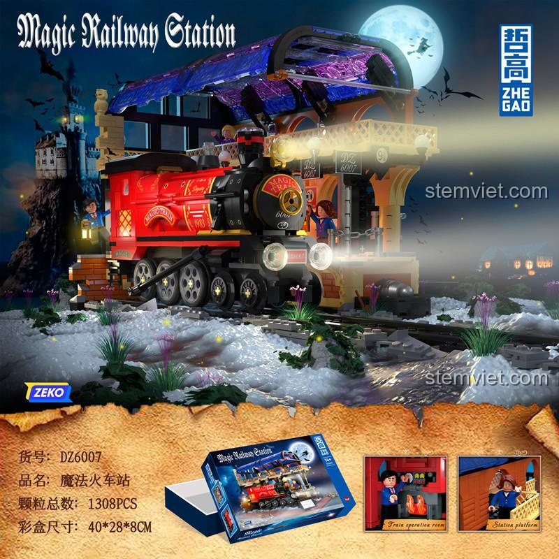 Hộp bộ xếp hình Nhà Ga Phép Thuật ZHEGAO DZ6007, đồ chơi xây dựng Tàu Hỏa Ma Thuật, kích thước hộp 40x28x8cm