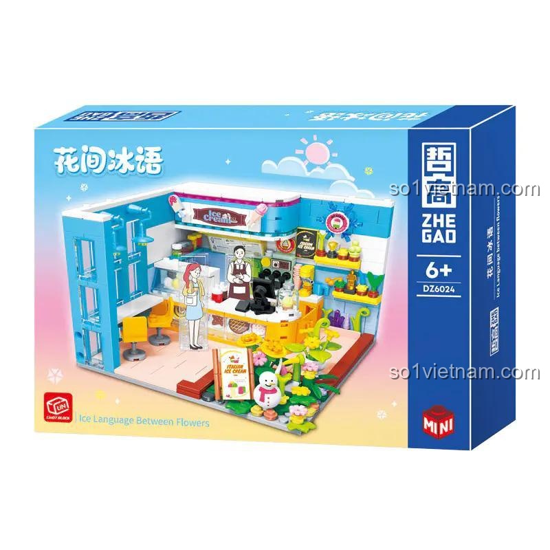 đồ chơi lắp ráp Zhegao DZ6024 Cửa hàng kem Hoa giữa băng giá, kích thước hộp 26x18.8x5 cm, mô hình tiệm kem 590 mảnh giá rẻ