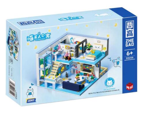 Hộp sản phẩm bộ lắp ghép ZHEGAO DZ6105 Căn hộ gác lửng cho người yêu mèo, 1235 chi tiết, quà tặng cho bé gái 6 tuổi.