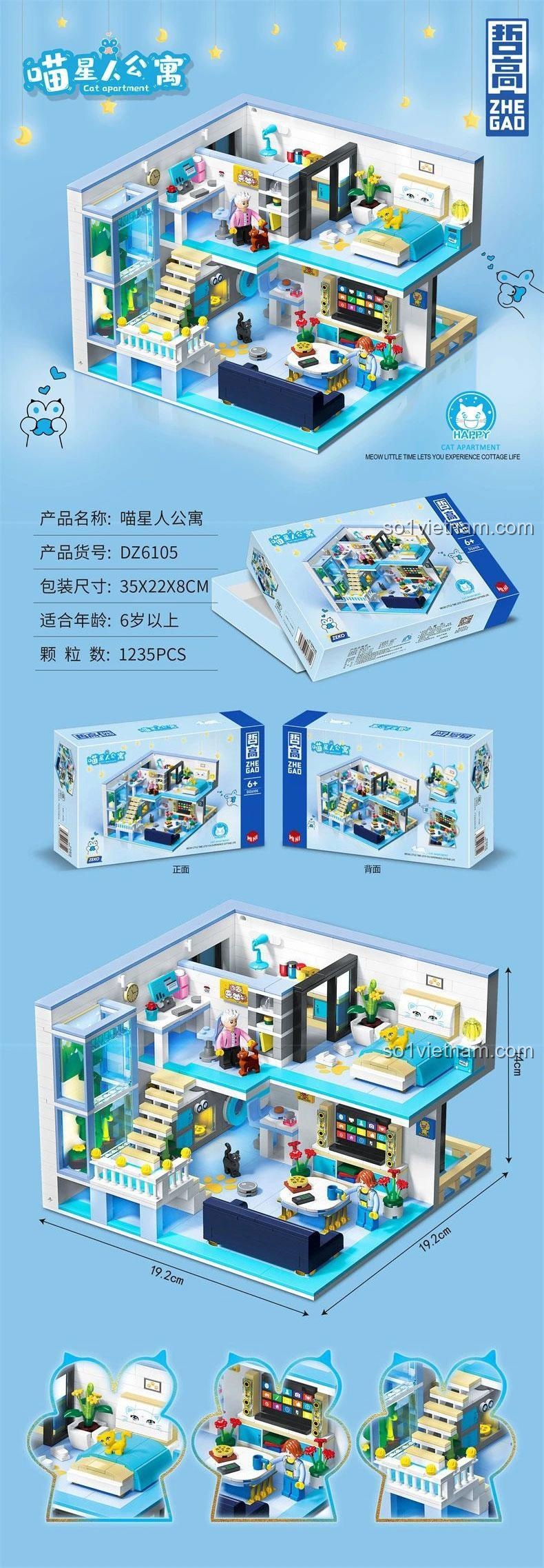 Kích thước chi tiết 19.2x19.2x14cm của đồ chơi mô hình ZHEGAO DZ6105 Chung cư mini cho mèo.