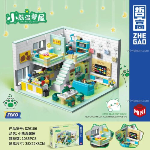 Hộp sản phẩm bộ đồ chơi lắp ghép ZHEGAO DZ6106 mô hình căn hộ Loft hai tầng ấm cúng, có hình ảnh sản phẩm hoàn thiện và thông tin chi tiết
