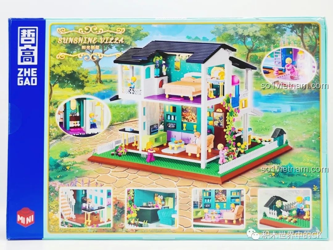 Mặt sau hộp ZHEGAO DZ6110 Biệt thự Ánh Dương hiển thị các góc nhìn chi tiết của mô hình