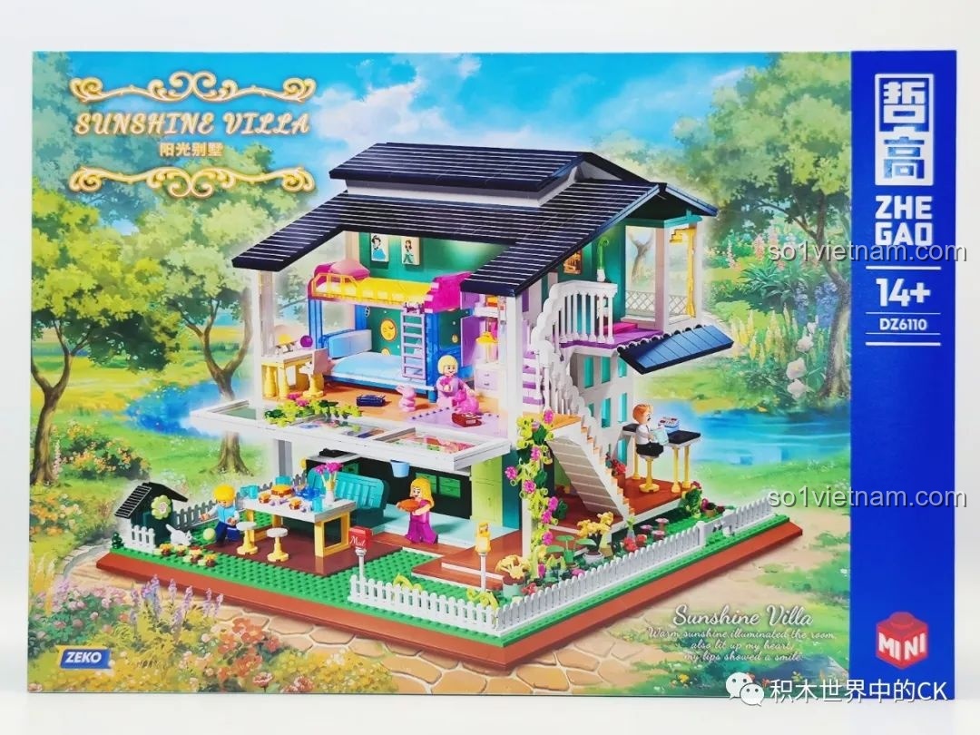 Mặt trước hộp ZHEGAO DZ6110 Biệt thự Ánh Dương với hình ảnh ngôi nhà 3 tầng và cảnh quan xung quanh