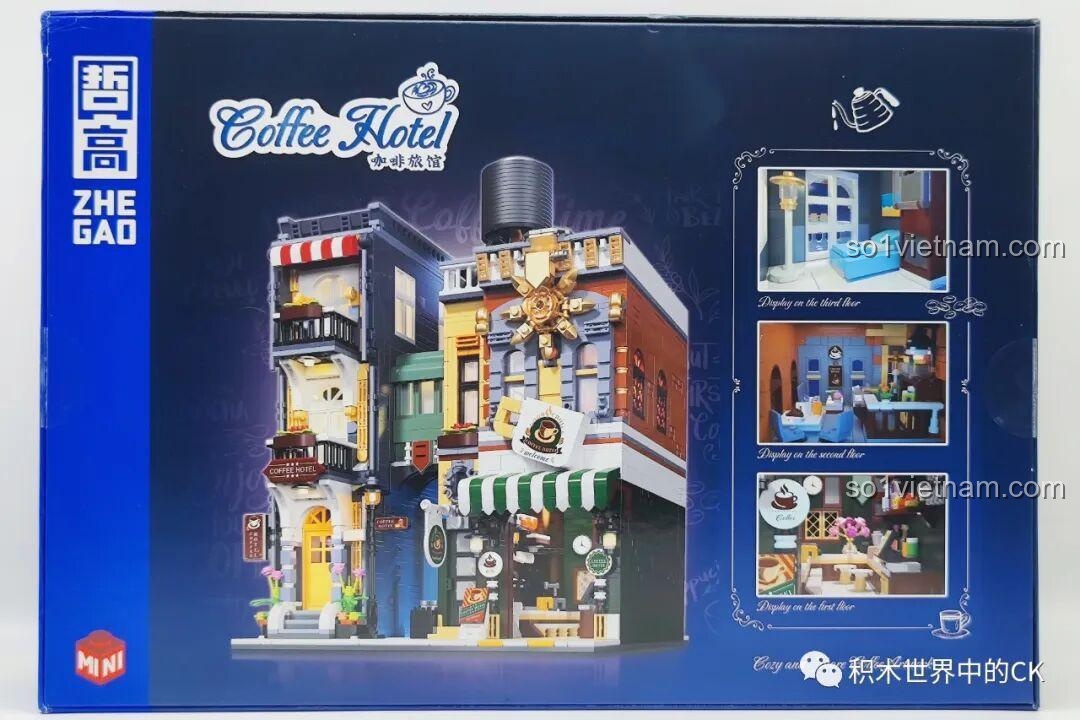 Cận cảnh hộp sản phẩm ZHEGAO DZ6113 Khách sạn Cà phê, thể hiện các thông tin về sản phẩm và các góc nhìn khác nhau của mô hình.