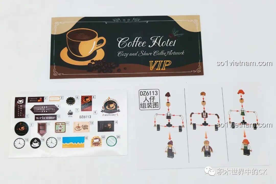 Bộ sticker đi kèm với ZHEGAO DZ6113 Khách sạn Cà phê, bao gồm các hình ảnh trang trí như logo quán cà phê, biển hiệu.