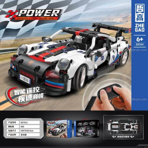 Hộp sản phẩm đồ chơi mô hình ZHEGAO DZ7011, mô phỏng xe đua Porsche 911 có điều khiển từ xa, gồm 500 chi tiết.
